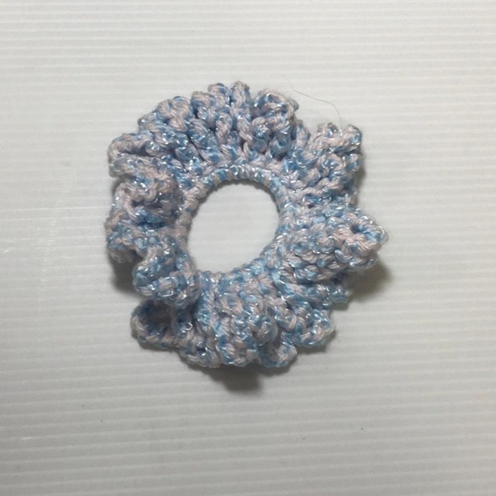 NWT Boho Retro Handmade Crocheted Pink Blue Hair Ruffled Scrunchie #2
